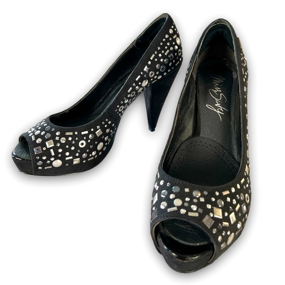Miss Sixty Shoes - 𝅺MISS Sixty Black Italian Suede Rock Star Studded Peep Toe Heels Size 7